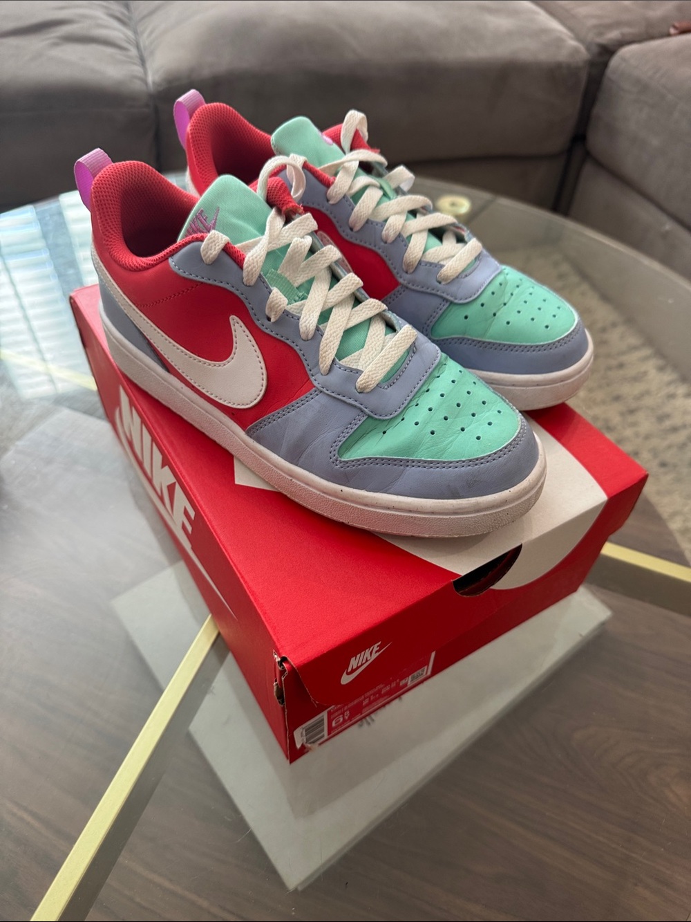 Nike Youth Court Burkugh Low Recraft Colorblock Sneakers in Mint, Red & Purple
